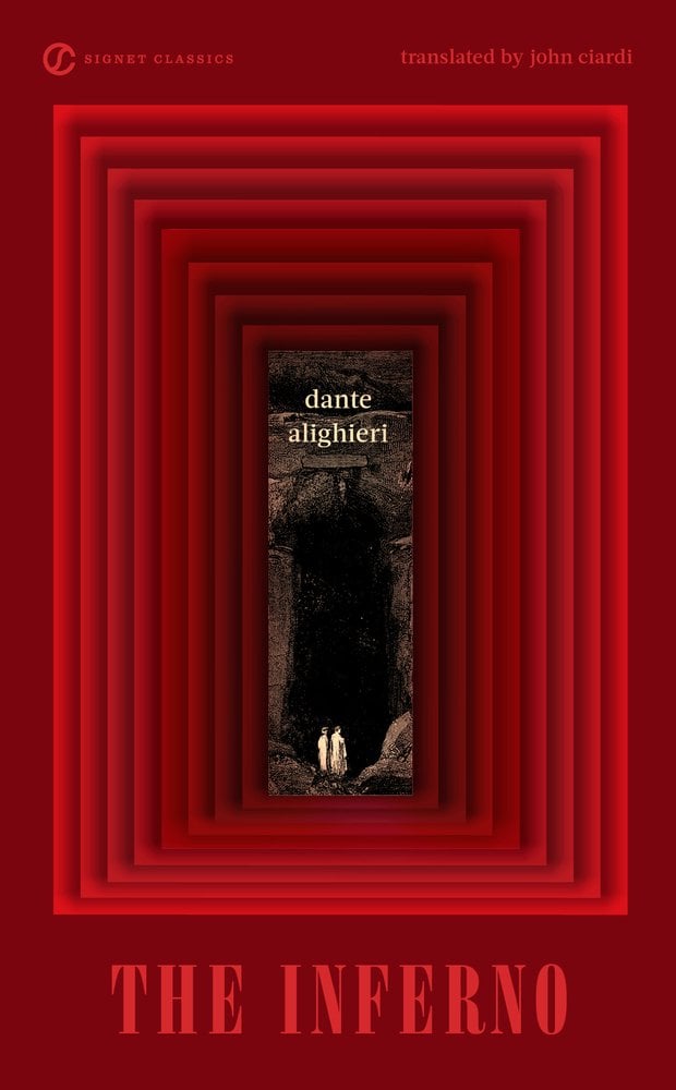 The Inferno book cover featuring a red background and red rectangular glowing boxes getting smaller like a frame with a picture of rocks and two figures.