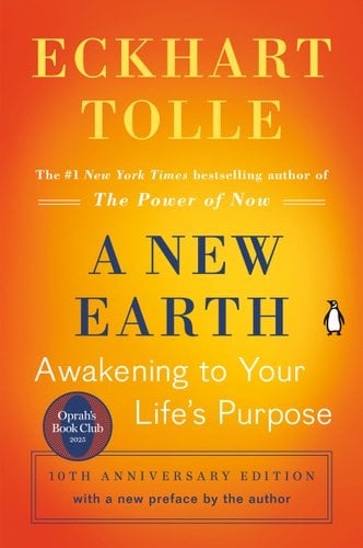 The A New Earth cover is orange with a navy blue title.