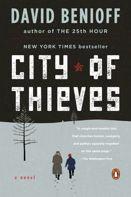 City of Thieves by David Benioff, a novel. The top half of the color is black and the bottom half is grey that's know and two people standing at the bottom.