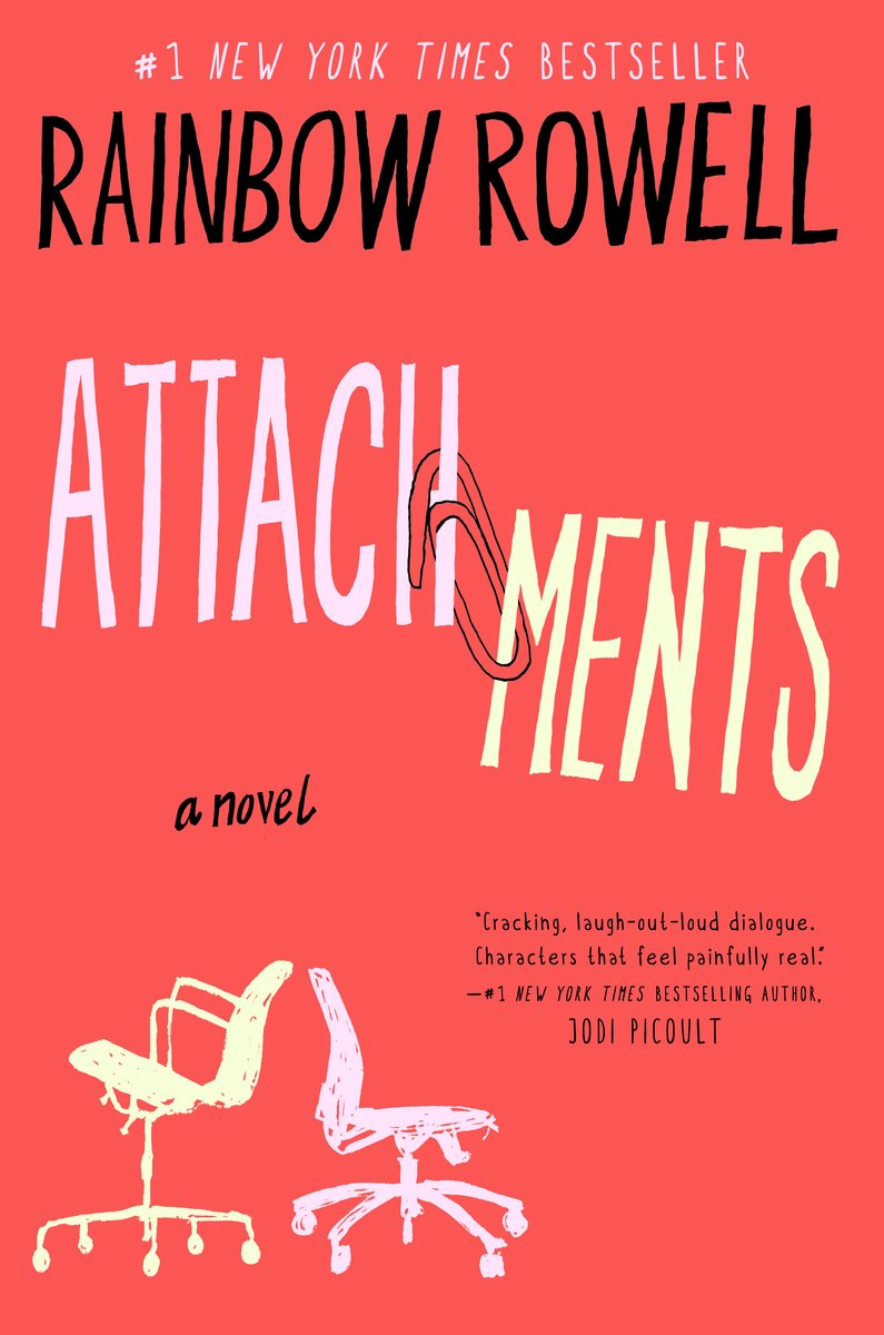 Attachments by Rainbow Rowell book cover. The words attach and ments are connected by a paperclip with small office chairs at the bottom.