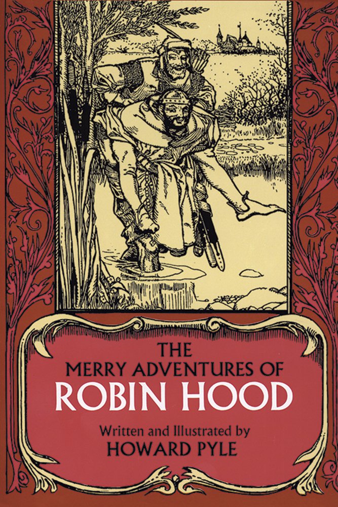 The Merry Adventures of Robin Hood by Howard Pyle's book cover depicts a man walking through a swamp with an archer on his back, colored in a sketch-type style.