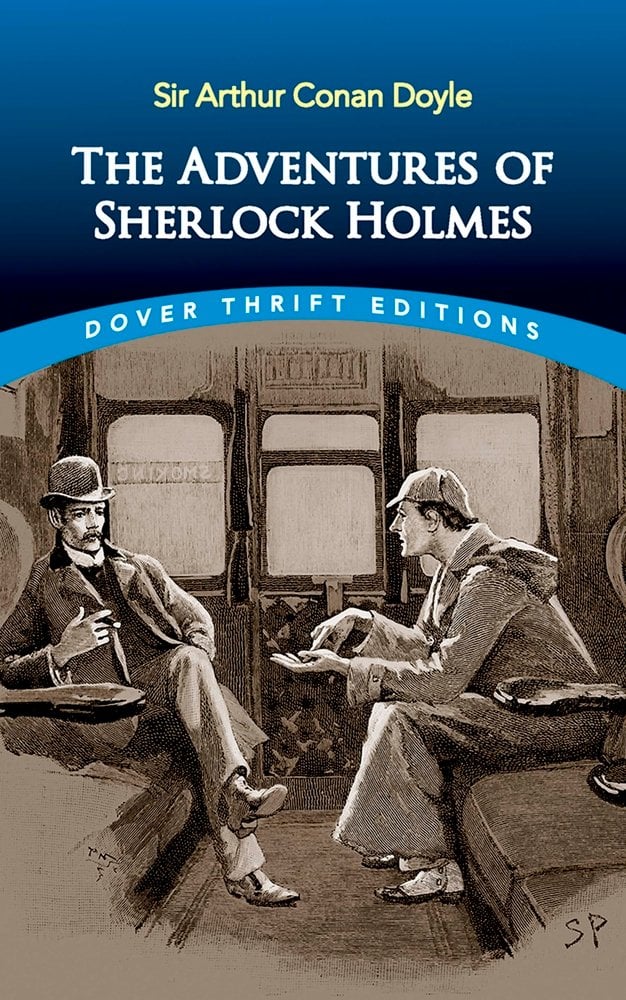 The Adventures of Sherlock Holmes by Sir Arthur Conan Doyle's book cover depicts two men sitting in a train in greyscale.