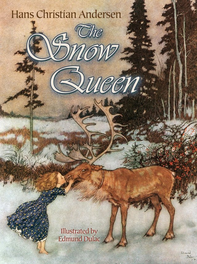 The Snow Queen by Hans Christian Andersen, fairy tale cover depicting a young girl kissing a moose in a winter forest.