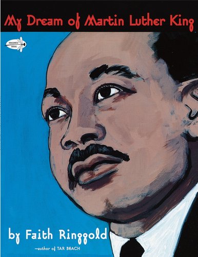 Martin Luther King Jr.'s profile makes up the foreground. His face is set against a blue background. The title is above his head in red letters against a black background. The author's name is in small, white letters at the bottom on the left side.