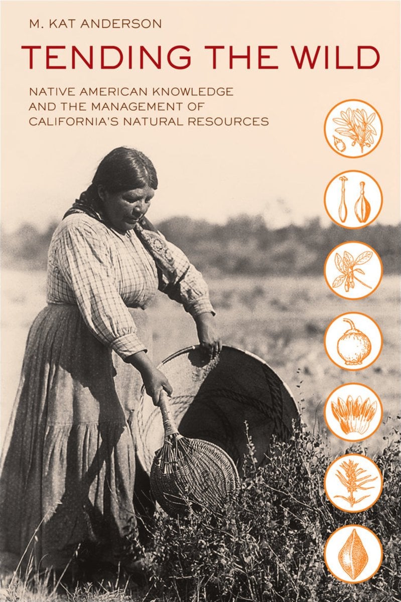 Tending the Wild by M. Kat Anderson depicting an Indigenous woman tending to flowers in a field in sepia tone. On the right hand side, there are circles with seed illustrations.