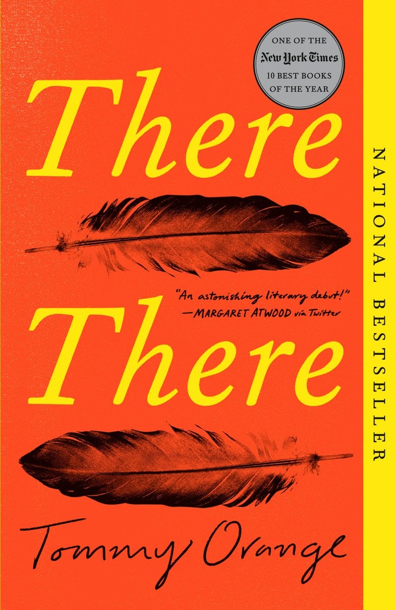 There There by Tommy Orange, book cover on an orange background, with two illustrated leaves underneath the two words 'There'.