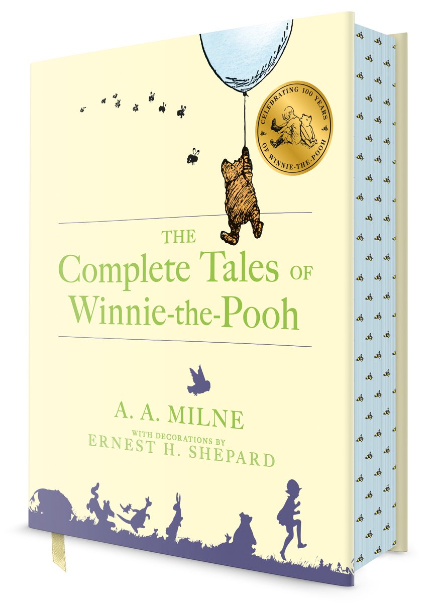 Book cover of The Complete Tales of Winnie-the-Pooh by A. A. Milne, Illustrated by Ernest H. Shepard, featuring a small brown bear being held aloft by a large white balloon, looking at a small group of flying bees; below this, a group of animals and a child in silhouette march along a grassy area.