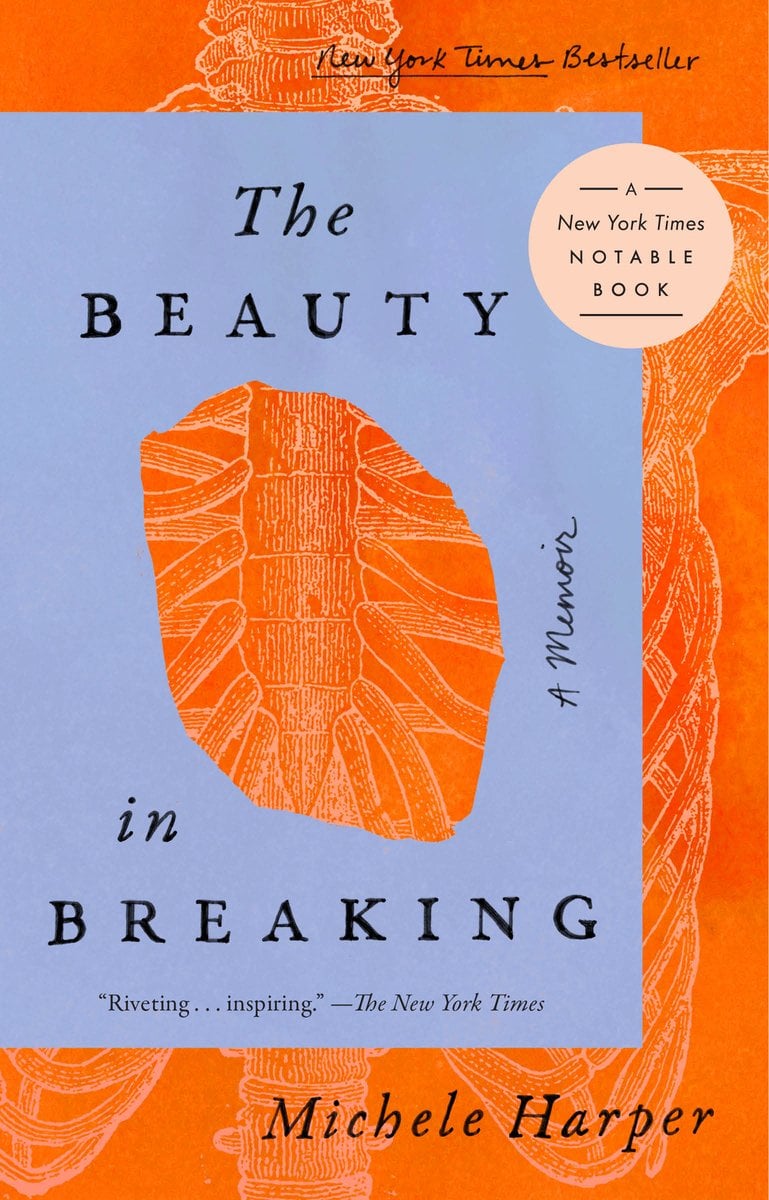The Beauty in Breaking, a bestselling memoir by Michele Harper, book cover of a linework rib cage illustration on an orange background. A sky blue rectangle is overlayed on the rib cage illustration with a heart shaped cut out where the heart anatomically lies.