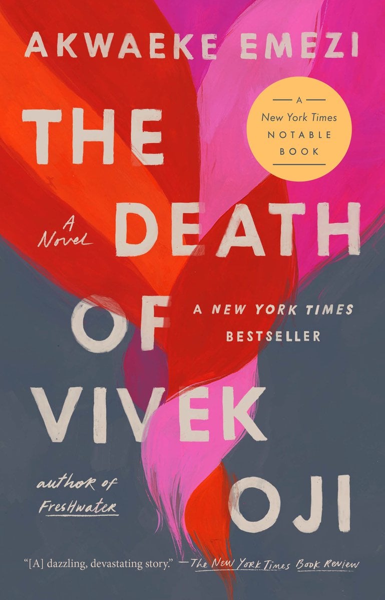 The Death of Vivek Oji by Akwaeke Emezi cover. A pink and orange feather intertwined on a gray background. The title and author's name are in gray.