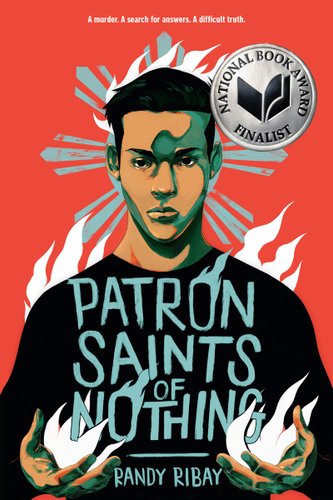 Book cover of Patron Saints of Nothing with main character Jay holding onto flames. On the right side is the National Book Award Finalist medal.