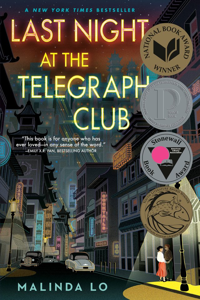 The Last Night at the Telegraph Club, a YA historical novel, features an illustration of a city at night and a yellow spotlight of two woman holding hands.