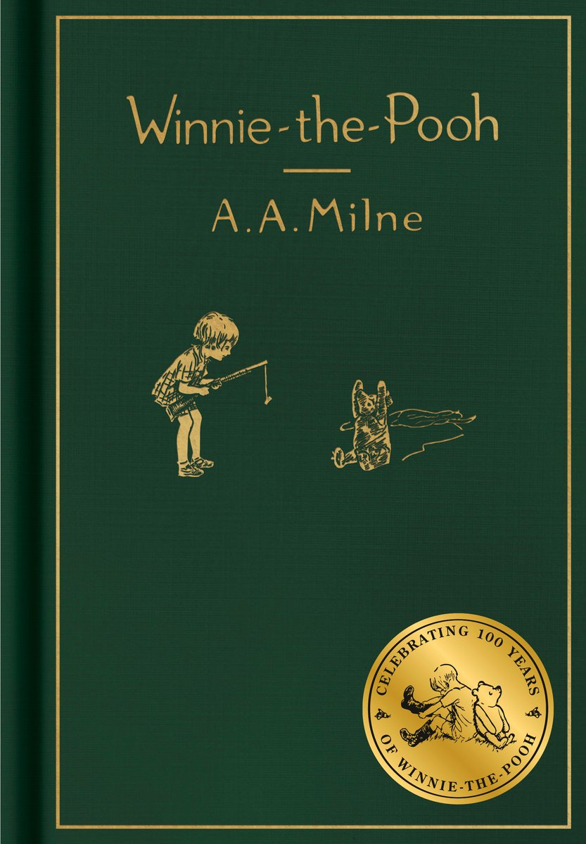 Book cover of Winnie-the-Pooh written by A.A. Milne and illustrated by E.H. Shepard, featuring a child holding a fishing pole in front of a small bear who sits with front paws outstretched.