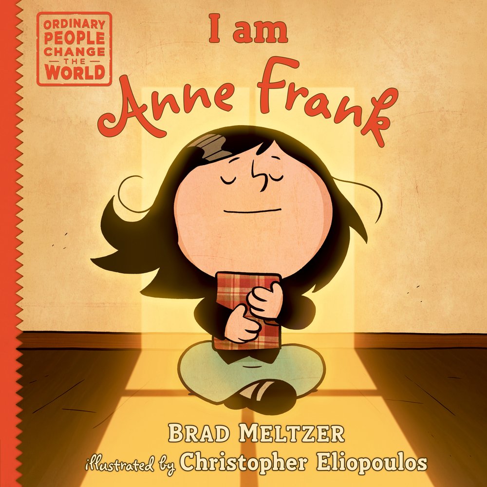 Book cover of I Am Anne Frank by Brad Meltzer, Illustrated by Christopher Eliopoulos, featuring a light-skinned, dark haired child with closed eyes hugging a plaid book to her chest in a shaft of sunlight shining through a window.