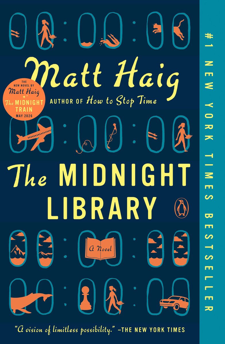 The Midnight Library by Matt Haig, a fantasy novel. It is a dark blue cover with lighter blue "plane windows" and small orange figures within each one.