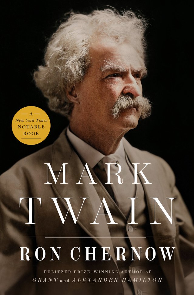Mark Twain by Ron Chernow, a nonfiction cover of Mark Twain looking off to the right in a light brown suit with an all black background.