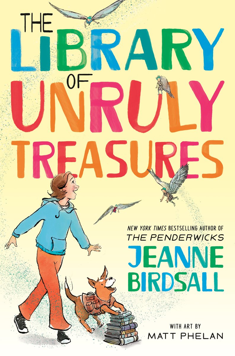 Book cover of The Library of Unruly Treasures by Jeanne Birdsall, illustrated by Matt Phelan, featuring a light-skinned youth with chin-length, straight red hair looking up with wonder at small winged creatures flitting around.