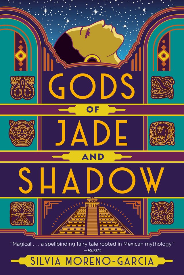 Gods of Jade and Shadow by Silvia Moreno-Garcia, book cover. Dark blue and purple themed, with historical markings on the side and a woman gazing at the night stars.