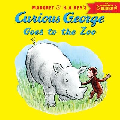 Curious George Goes to the Zoo by H. A. Rey, yellow background, image cut out of brown monkey touching and assuring a baby rhino, who is smiling and standing in tall grass, blue sky, title is in blue color, book cover