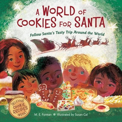 Children from all over the world sit in front of a table with all different types of cookies. In the background, Santa flies in his sled