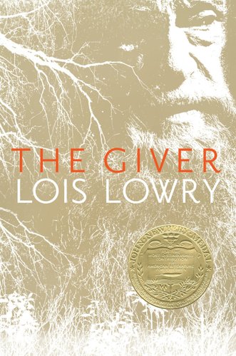 The cover of The Giver depicts a beige background with the photo of an old man with a beard bleeding through and a white silhouettes of white branches