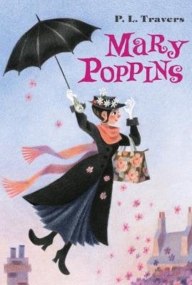 "Mary Poppins" book cover with a woman dressed up holding an umbrella and flying through the light blue sky.