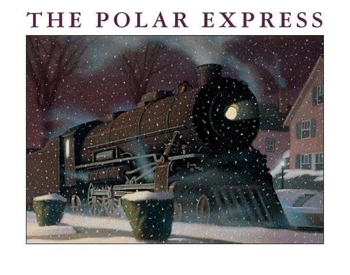 The Polar Express by Chris Van Allsburg cover; black train in a street outside a house with snow all around it