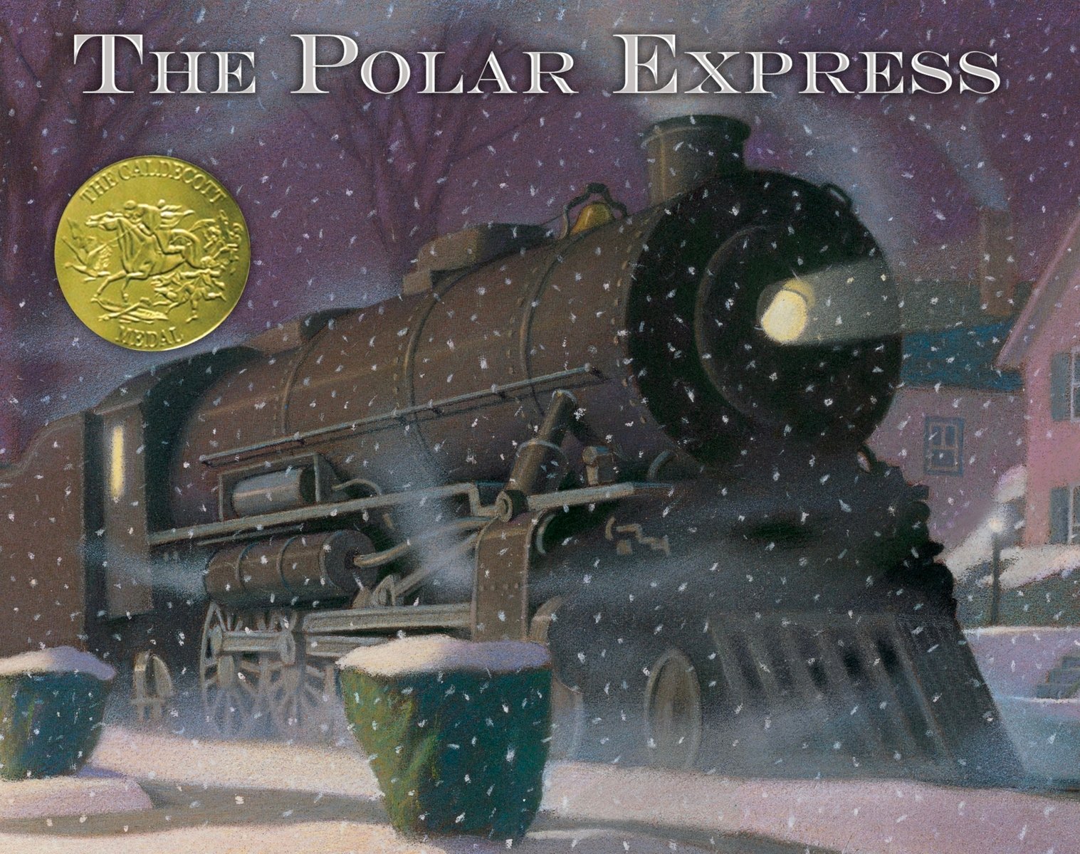 Book cover of "The Polar Express," by Chris Van Allsburg, featuring an illustration of a black steam engine idling on a snowy suburban street at nighttime.