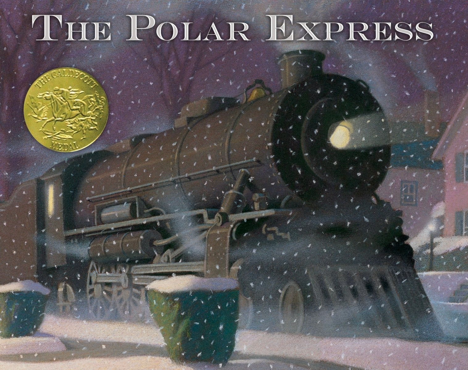 Cover of The Polar Express showing a steam locomotive in falling snow at night, with a Caldecott Medal seal