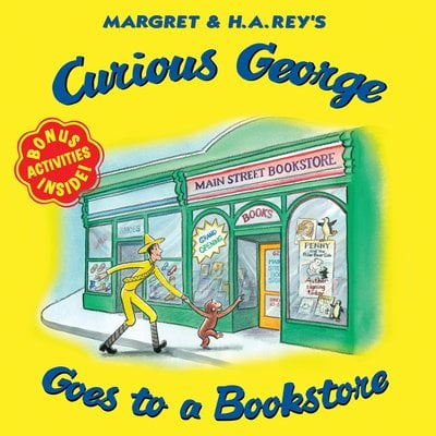 Curious George Goes to a Bookstore by Margret & H.A. Rey's with Curious George and the man in the yellow hat walking into a bookstore. It has bonus activities sticker on the front.