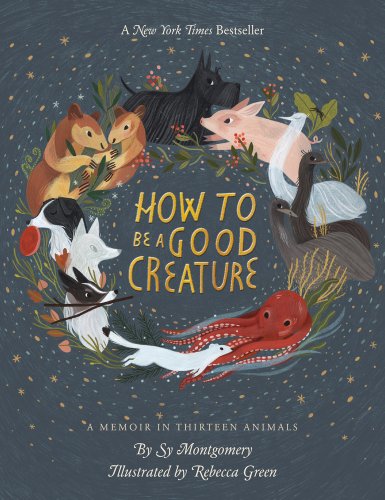 The background is gray. There's a circle of drawn animals such as an octopus, emu, pig, dog, and wolf. Inside the circle is the title which is gold.