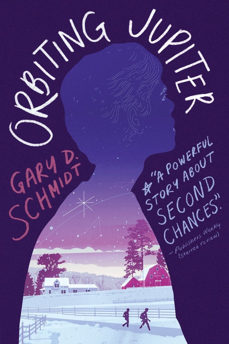 Orbiting Jupiter by Gary D. Schmidt, a literary fiction novel. It's cover is dark purple with a large outline of a boy and depiction of an outside winter night within it.