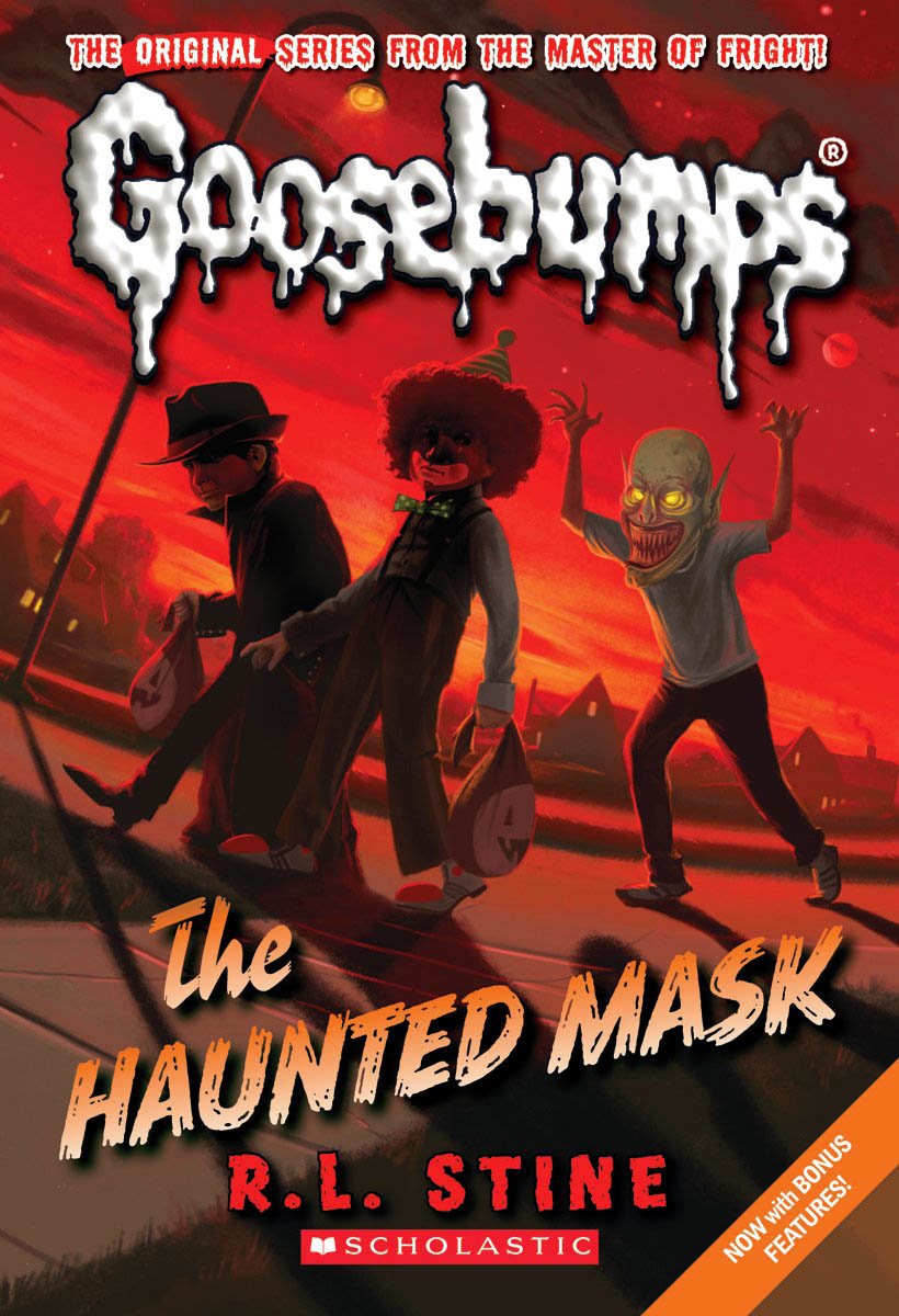 A cover of Goosebumps: The Haunted Mask by R.L. Stine. There is a child in a mask chasing two boys in Halloween costumes.