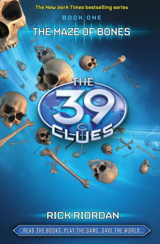 A blue book cover that says "The 39 Clues" on an oval-shaped globe in the middle. There is a collection of bones scattered across the cover, with the title "The Maze of Bones" in white at the top.