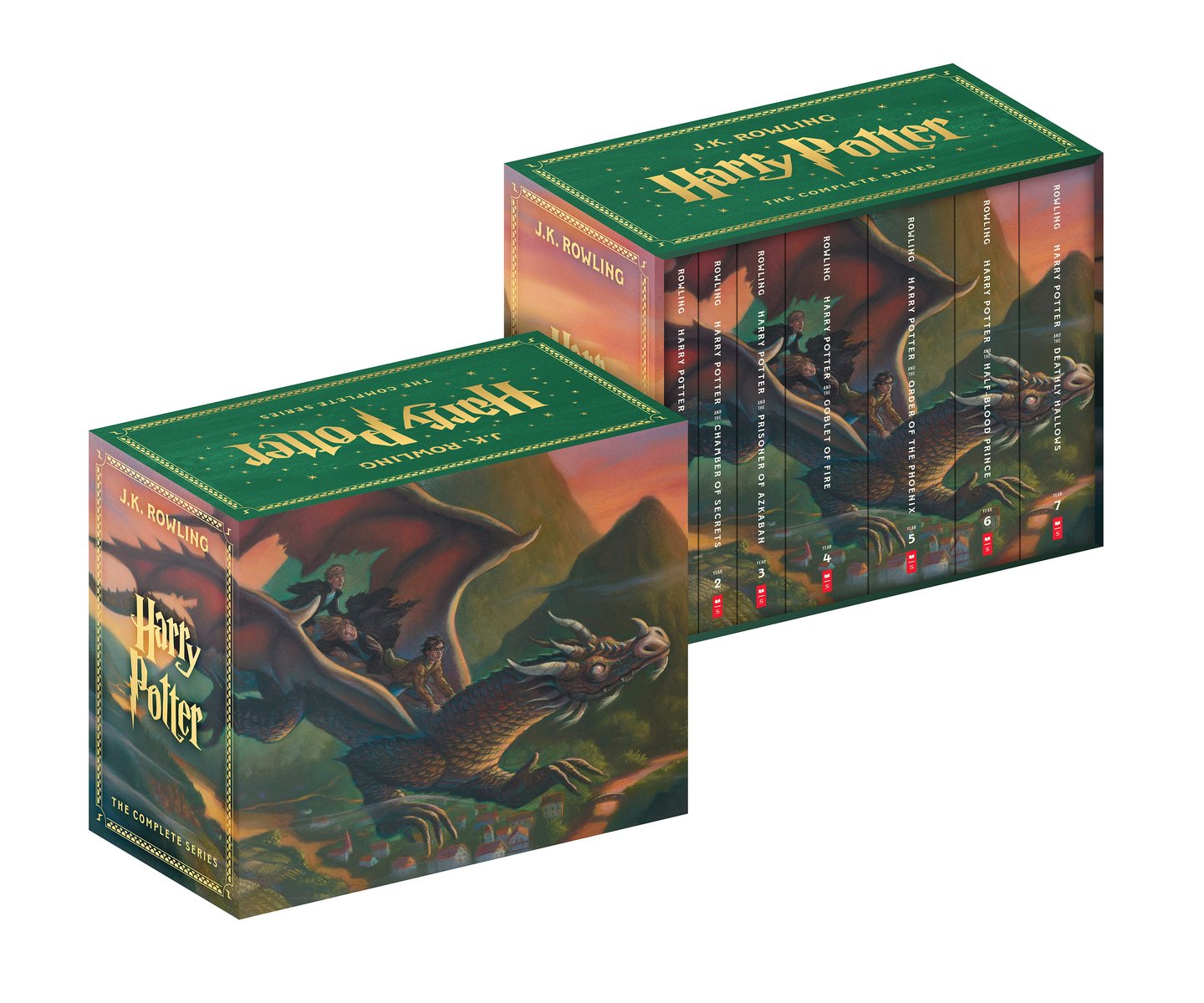 Box set of "Harry Potter" book series by J.K. Rowling, featuring an illustration of the three main characters riding a dragon.