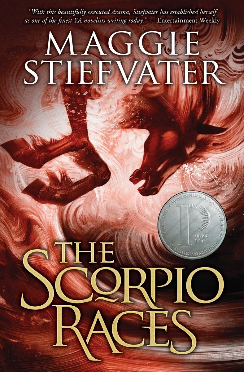The cover of Maggie Stiefvater's The Scorpio Races, with an artistically drawn horse in red.