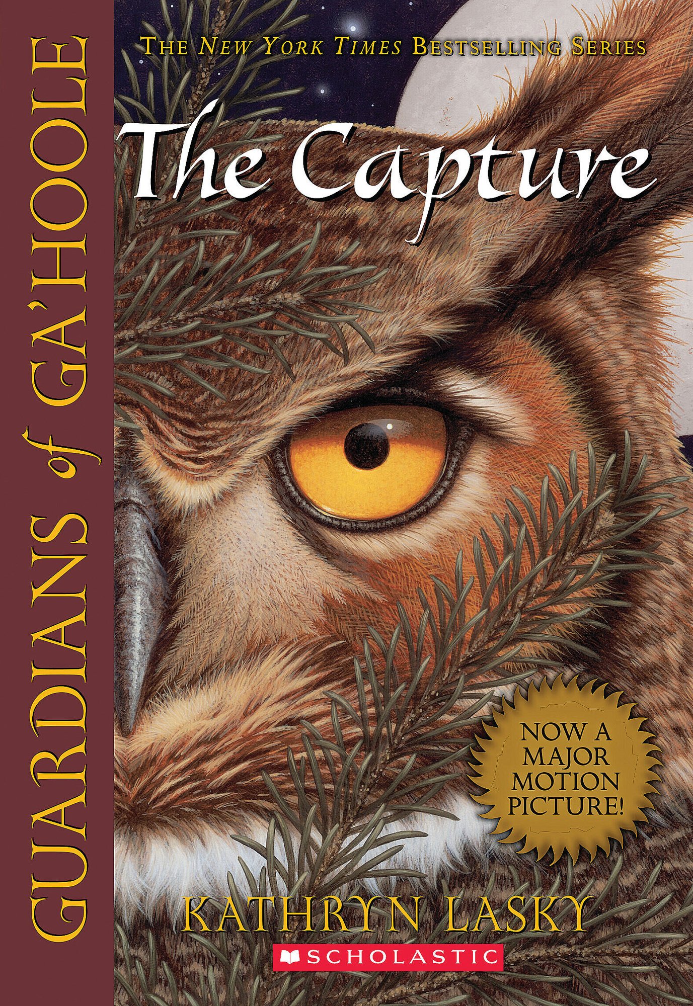 The Guardians of Ga-Hoole: The Capture by Kathryn Lasky book cover depicting a barn owl half profile with the moon in the background.