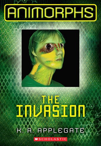 A green, scale patterned book cover with a square image of a boy morphing into a lizard. It says "Animorphs" at the top and "The Invasion" at the bottom, both in yellow lettering.