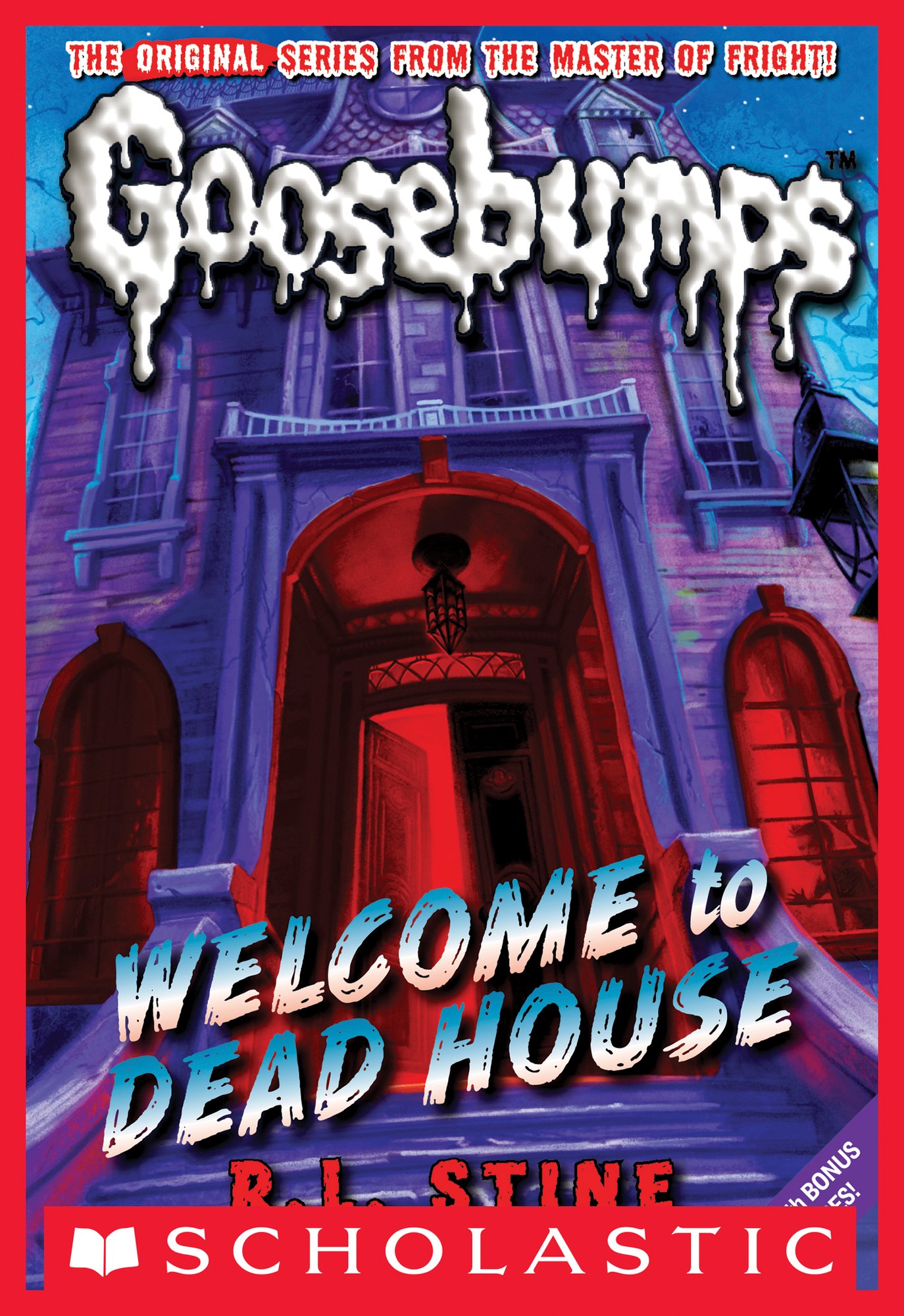 Welcome to Dead House by R.L. Stine, a middle-grade horror book cover depicting a house with a shadowy figure in one window, the front door slightly open, and red lighting emanating from inside.