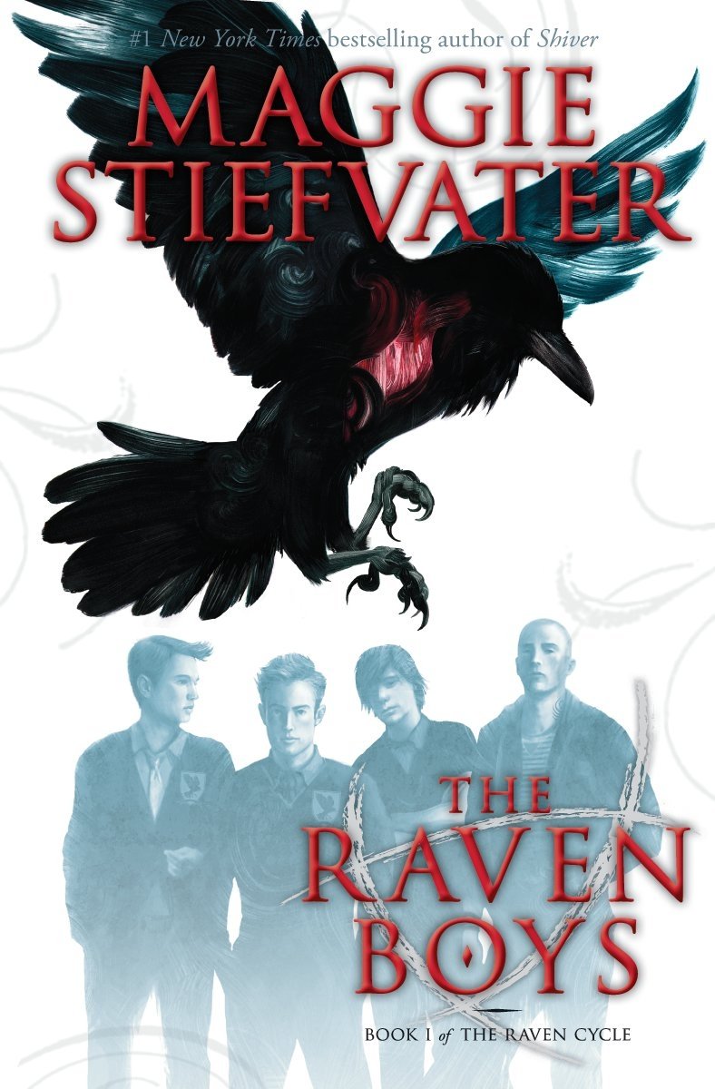 The Raven Boys by Maggie Stiefvater, book cover. A blue, detailed illustration of young guys in school uniforms is at the bottom with a large, black crow flying over.