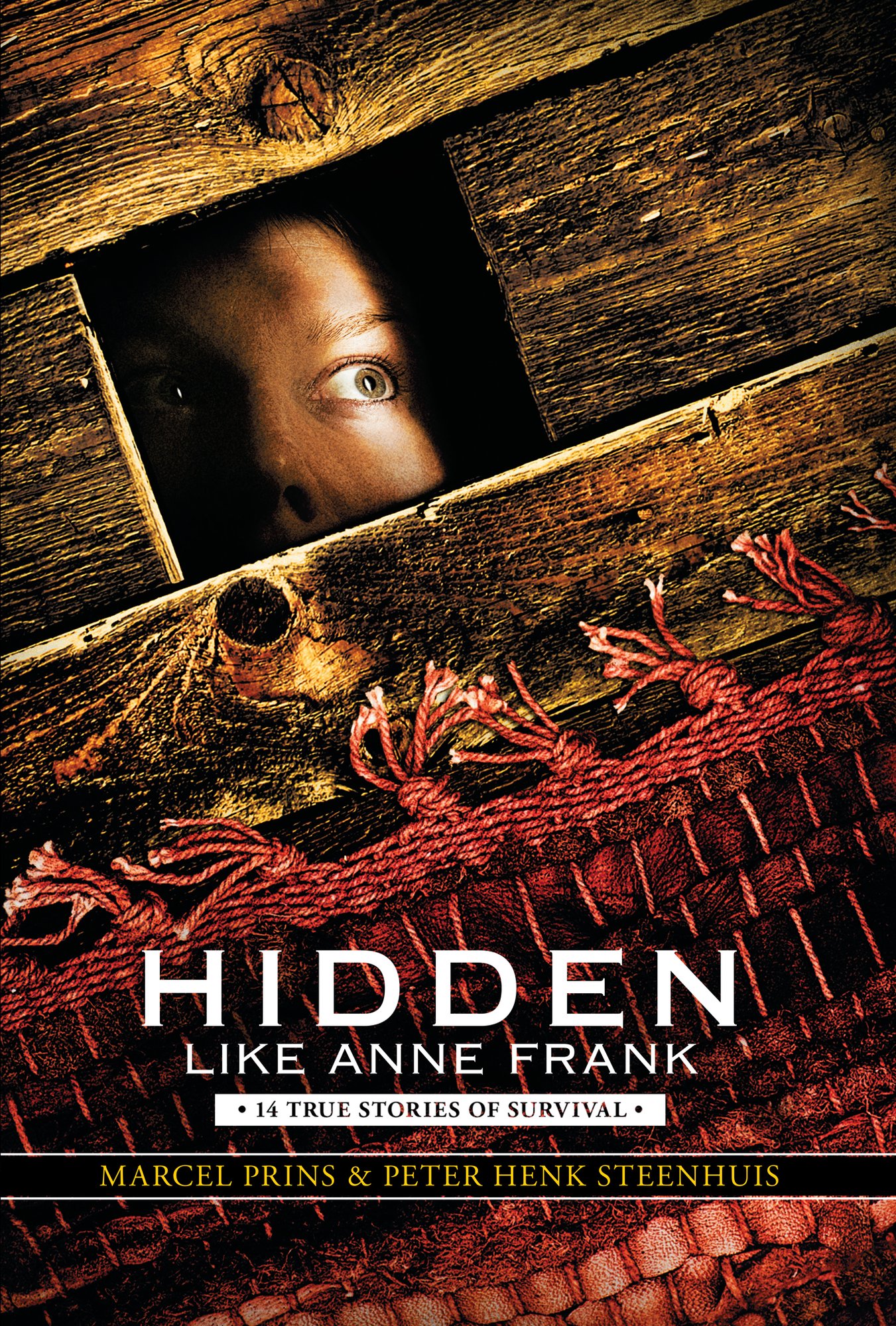 Hidden Like Anne Franke by Marcel Prins and Peter Henk Steenhuis nonfiction book cover depicting a rug on a wooden floor, and a child peeking out of a small hole.