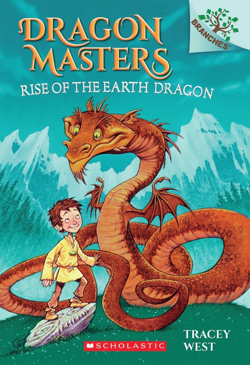 Dragon Masters: Rise of the Earth Dragon by Tracey West, a children's book cover depicting a long orange dragon with yellow eyes looking down at a boy with brown hair wearing a yellow shirt on a grassy mountain. The background depicts the silhouette of tall, teal mountains.