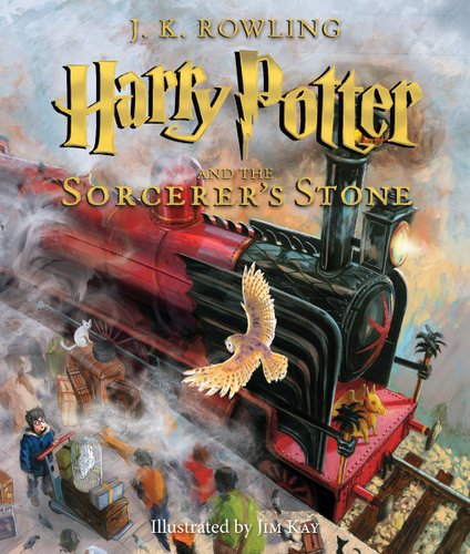 Book cover of "Harry Potter and the Sorcerer's Stone: The Illustrated Edition," written by J.K. Rowling and illustrated by Jim Kay, featuring an illustration of a black and red steam engine with a barn owl flying overhead while a pale-skinned boy with round glasses and black hair stares upward.