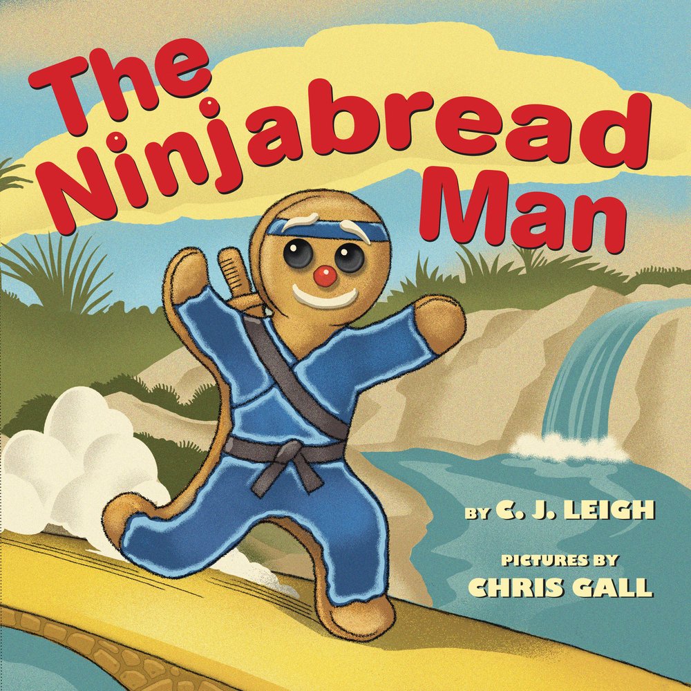 The Ninjabread Man by C.J. Leigh, Illustrated by Chris Gall book cover features a bold gingerbread‑cookie figure outfitted in a vivid royal‑blue ninja gi, complete with a black belt and tiny throwing stars. His expression is confident — raised arm mid‑step, headband tied firmly, cheeky grin on his frosted face. Behind him, a dramatic landscape unfolds: a golden‑yellow path winds away toward a cascading waterfall and distant misty hills, set under a pale sky that glows like early dawn. The title “The Ninjabread Man” sweeps across the top in large red letters that bounce slightly, matching the cookie’s carefree attitude. At the bottom right, the illustrator’s name is listed in clean white type: “Pictures by Chris Gall.”