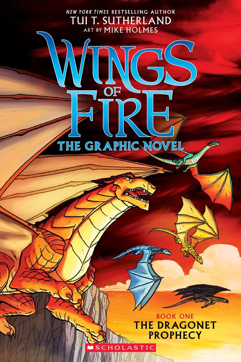 The Dragonet Prophecy by Tui T. Sutherland, Illustrated by Mike Holmes middle grade graphic novel book cover depicting five young dragons flying against a red and black sky.