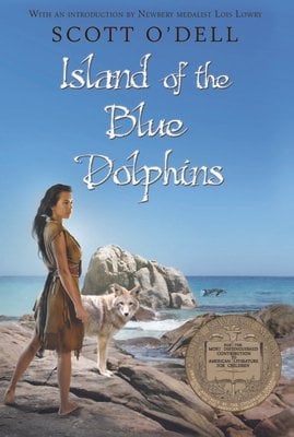 Island of the Blue Dolphins beach-set book cover by Scott O'Dell, featuring a native woman and a wolf standing beside her.