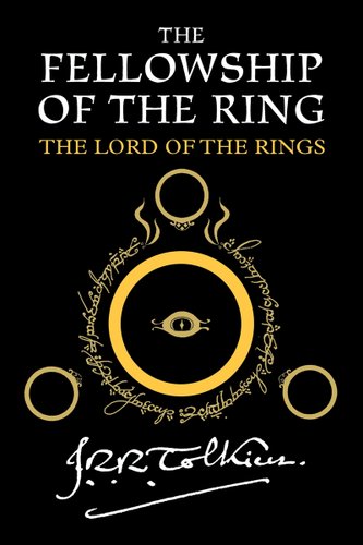 "The Fellowship of the Ring" cover with a yellow ring surrounded by the Elvish language