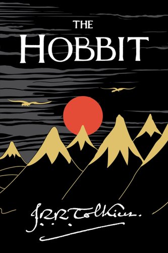 The Hobbit by J.R.R. Tolkein book cover. A row of black mountains with yellow peaks stands in front of a red setting sun. There are wispy grey clouds in the background with two birdlike creatures flying on either side of the sun.