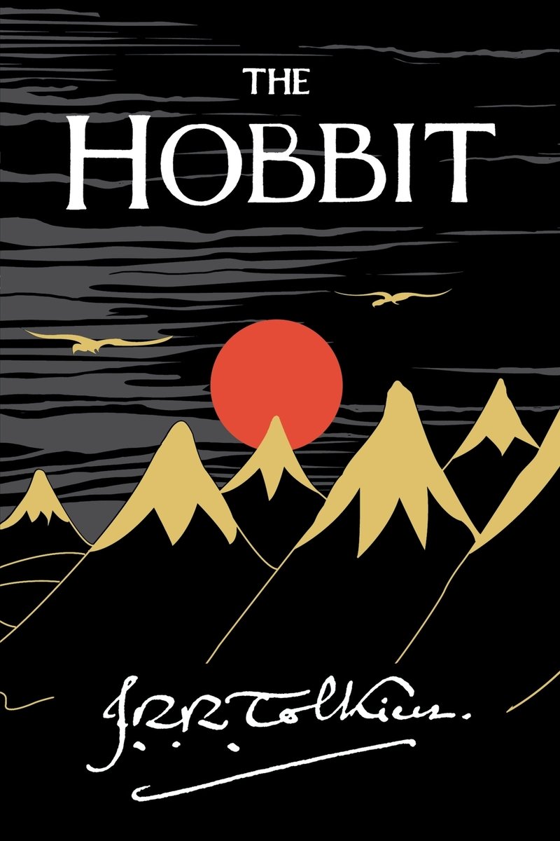 The Hobbit by J. R. R. Tolkien book cover. The image is illustrated in a simple caligraphy-esque style on a black background. Mountain peaks capped with snow rise into a cloudy sky as a red-orange sun sets. Two large birds fly off into the distance.