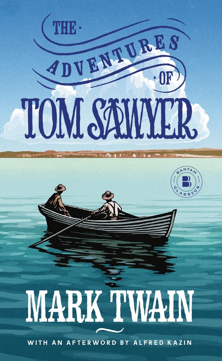 The Adventures of Tom Sawyer by Mark Twain's book cover depicts a painting of a young boy laying in the grass infront of a brick building.