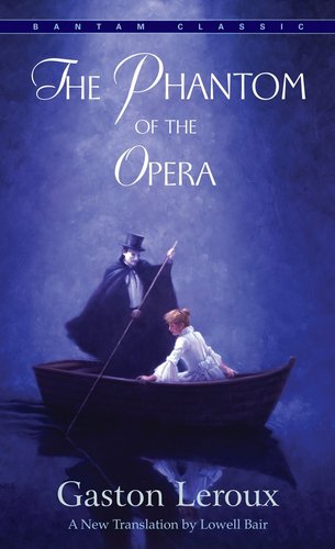 A blue book cover with a blonde woman and a masked man in a boat. The woman is wearing a white dress and the man is wearing a black cloak and a top hat. It says "Phantom of the Opera" at the top.